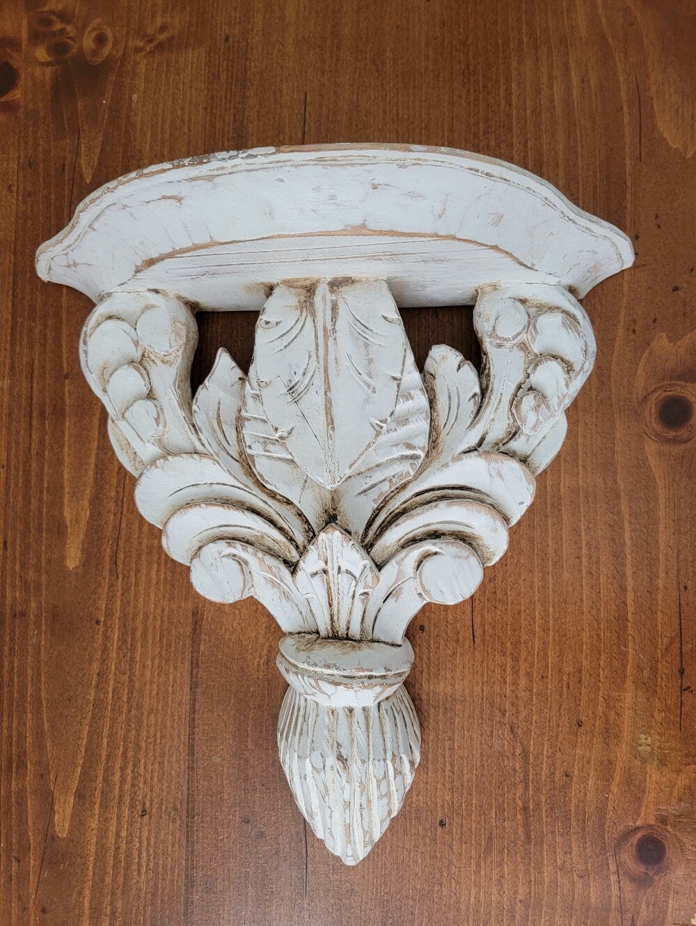 Vintage Carved Wood Distressed Chippy White Bracket Shelf Corbel Scrolling Leaf - Picture 3 of 13